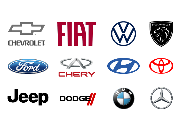 Logotipos de marcas automotivas populares reparadas pela nossa oficina mecânica, especializada em manutenção e conserto de veículos nacionais e importados.