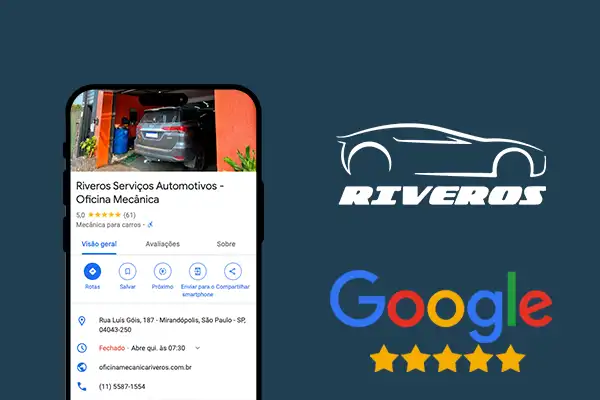 Imagem destacando que Riveros Serviços Automotivos é confiável, com avaliação de 5 estrelas no Google Reviews. A imagem mostra um celular exibindo a página de avaliações, incluindo endereço, telefone e site da oficina mecânica, acompanhada da frase 'Somos 5 estrelas' e o logo da empresa."