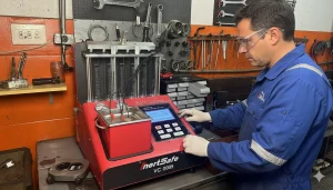 Profissional da Riveros executa limpeza de bicos injetores com a máquina InertSafe VC G005. O teste garante precisão na equalização e vazão dos bicos, assegurando melhor desempenho e economia de combustível.